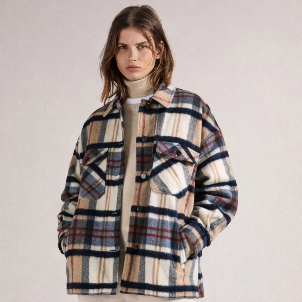 Like new ZARA Shadow Plaid Wool Blend Utility Button Up Oversized Jacket Small